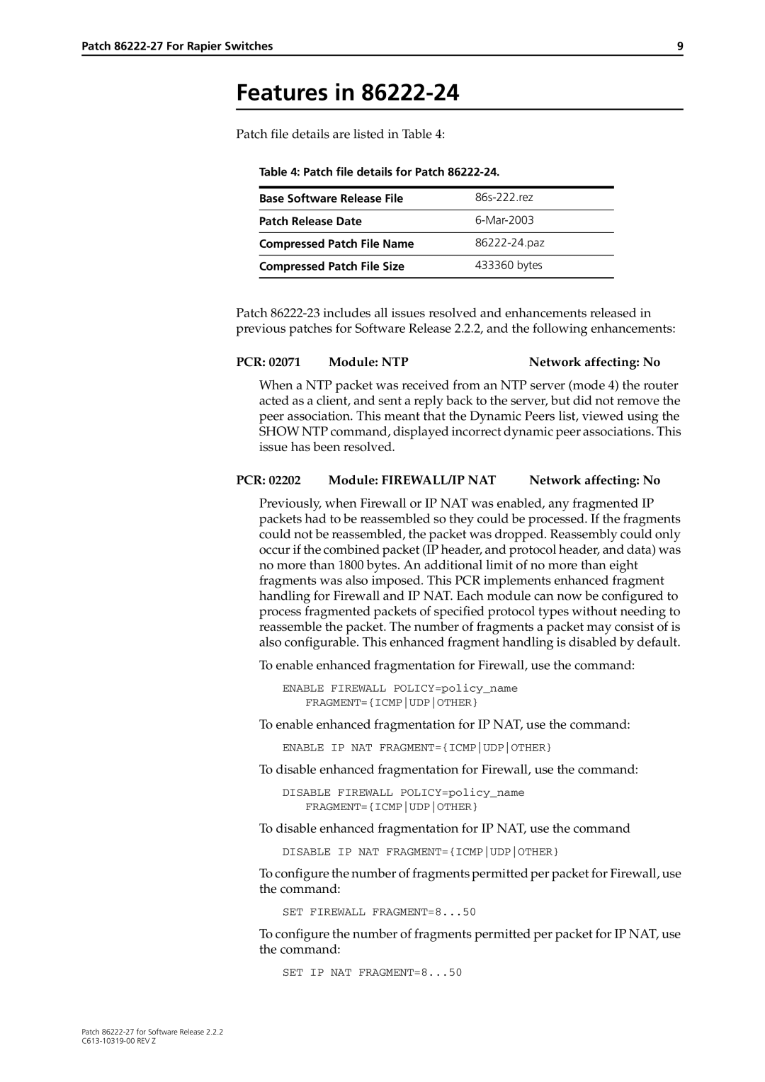 Allied Telesis 86222-27 manual PCR Module NTP Network affecting No, PCR Module FIREWALL/IP NAT Network affecting No 