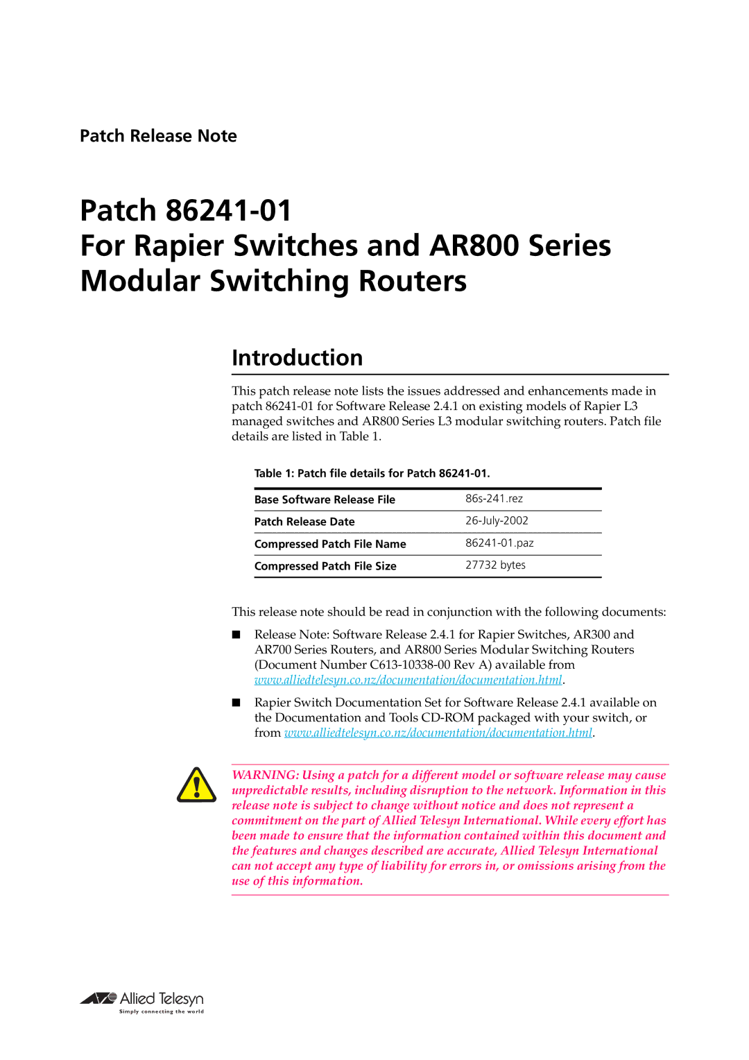 Allied Telesis 86241-01 manual Introduction 