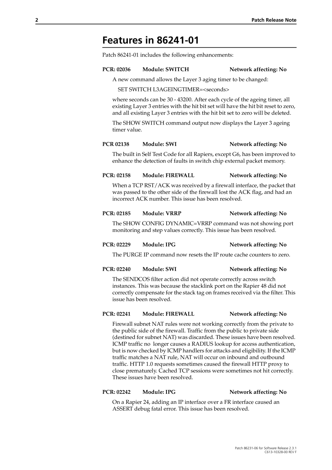 Allied Telesis 86241-01 manual Features, PCR Module Switch Network affecting No 