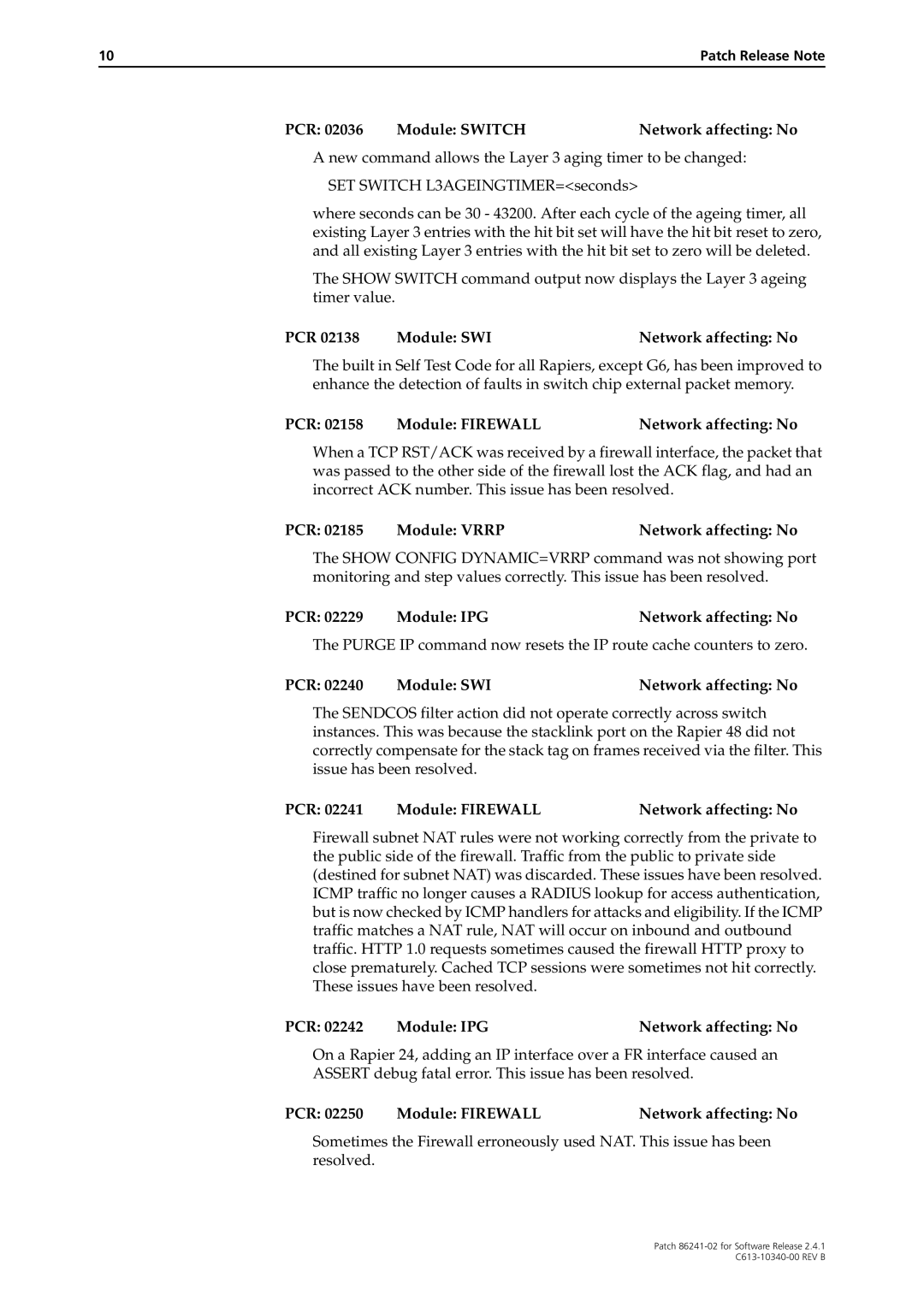 Allied Telesis 86241-02 manual PCR Module Switch Network affecting No, PCR Module SWI Network affecting No 