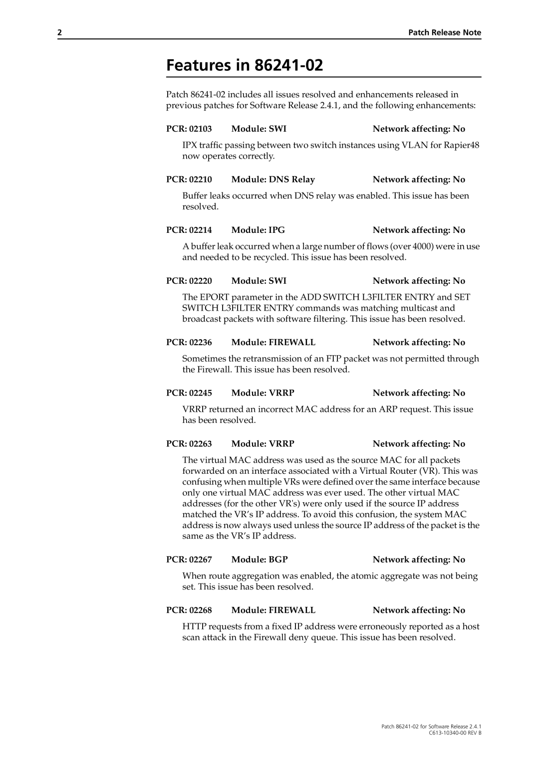 Allied Telesis 86241-02 manual Features 