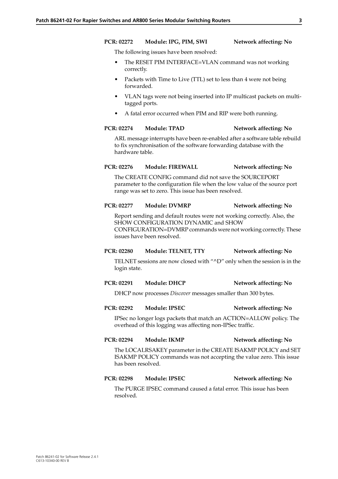 Allied Telesis 86241-02 manual PCR Module IPG, PIM, SWI Network affecting No, PCR Module Tpad Network affecting No 