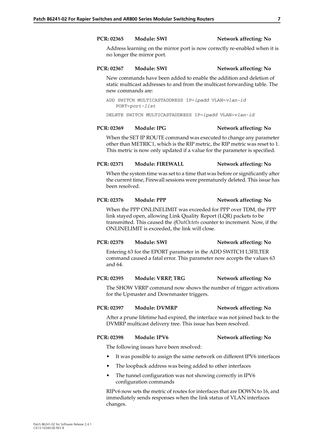 Allied Telesis 86241-02 manual PCR 02369 Module IPGNetwork affecting No, PCR 02371 Module FIREWALLNetwork affecting No 