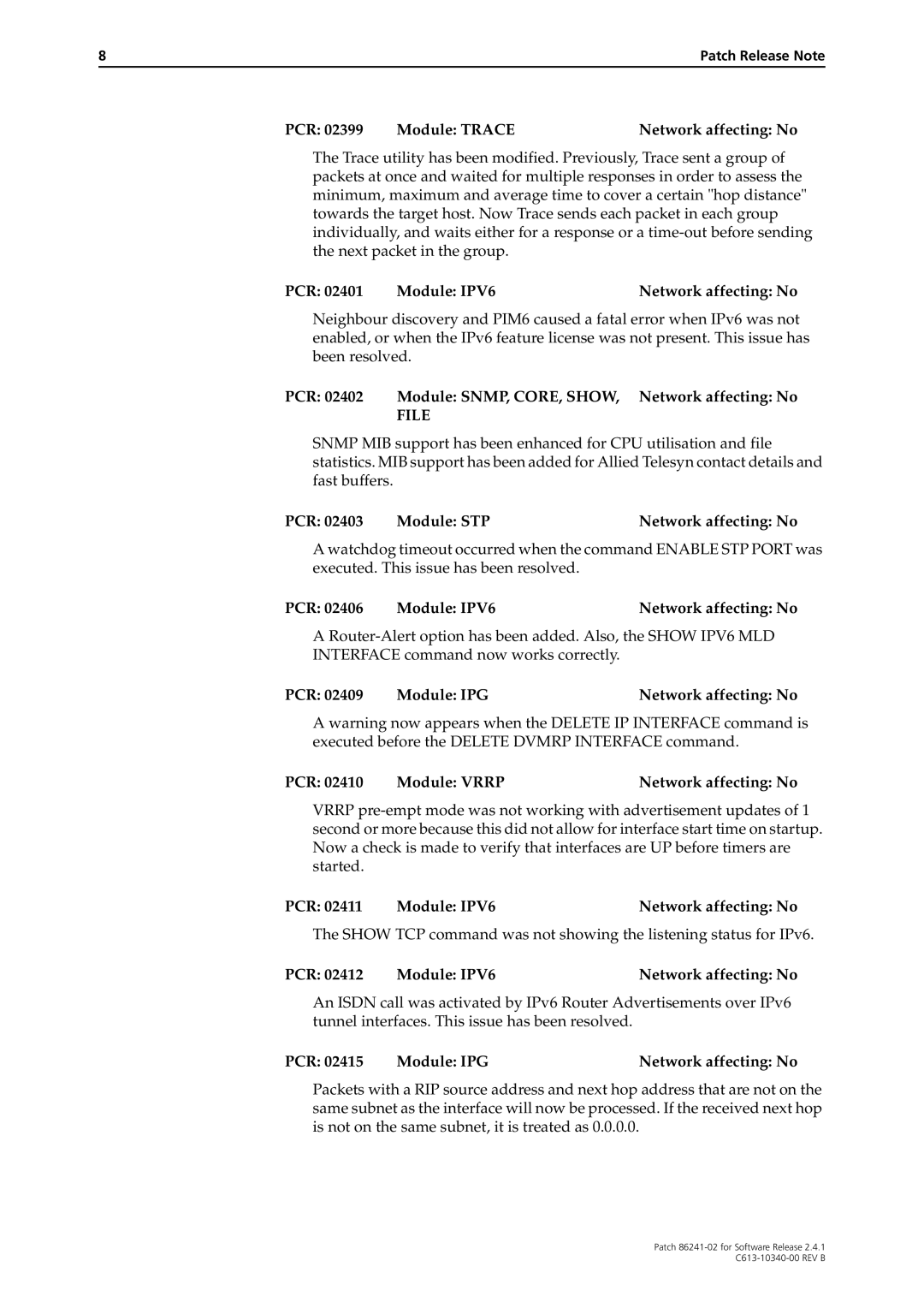 Allied Telesis 86241-02 manual PCR Module Trace Network affecting No, PCR Module SNMP, CORE, SHOW, Network affecting No 