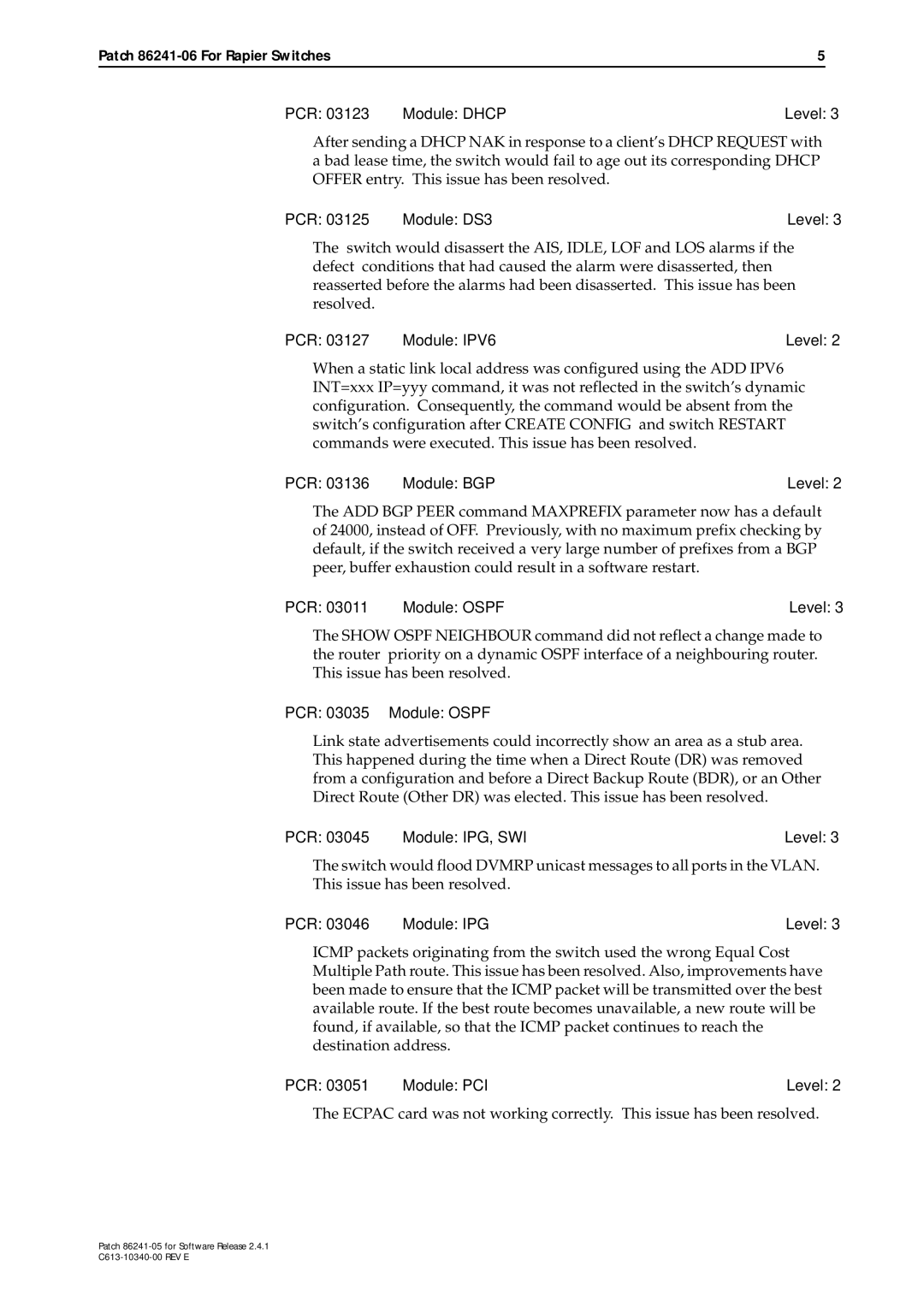 Allied Telesis 86241-06 PCR 03123 Module Dhcp Level, PCR Module DS3 Level, PCR Module IPV6 Level, PCR Module Ospf Level 