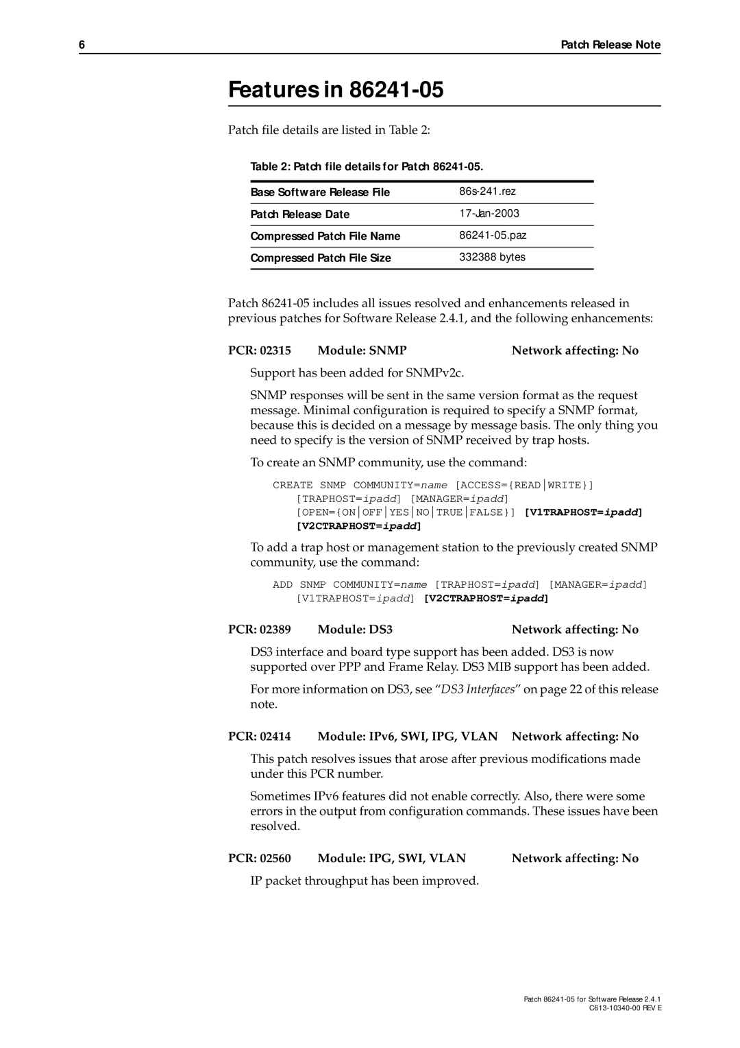 Allied Telesis 86241-06 manual PCR 02315 Module Snmp Network affecting No, PCR Module DS3 Network affecting No 