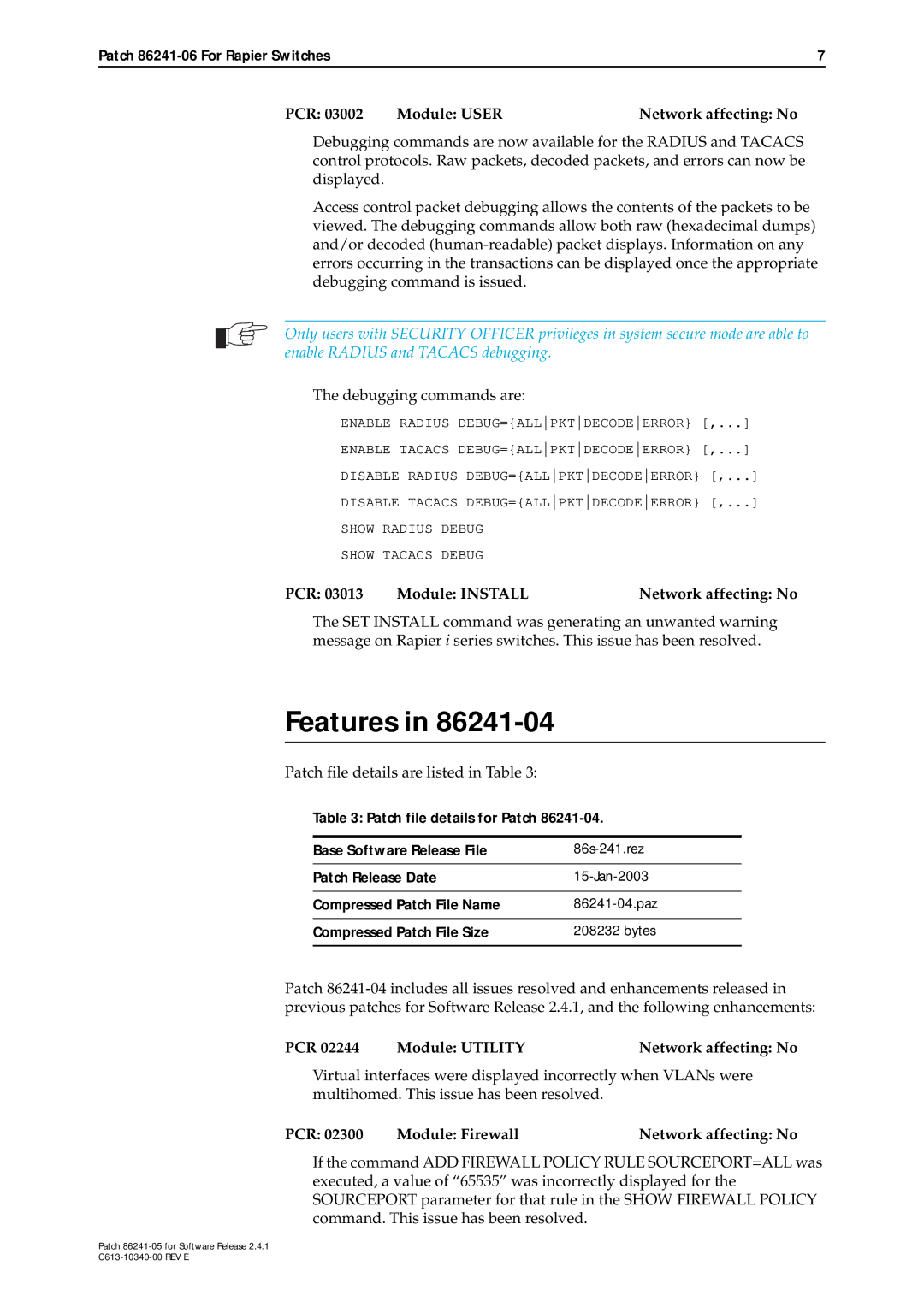 Allied Telesis 86241-06 manual PCR Module User Network affecting No, PCR Module Install Network affecting No 