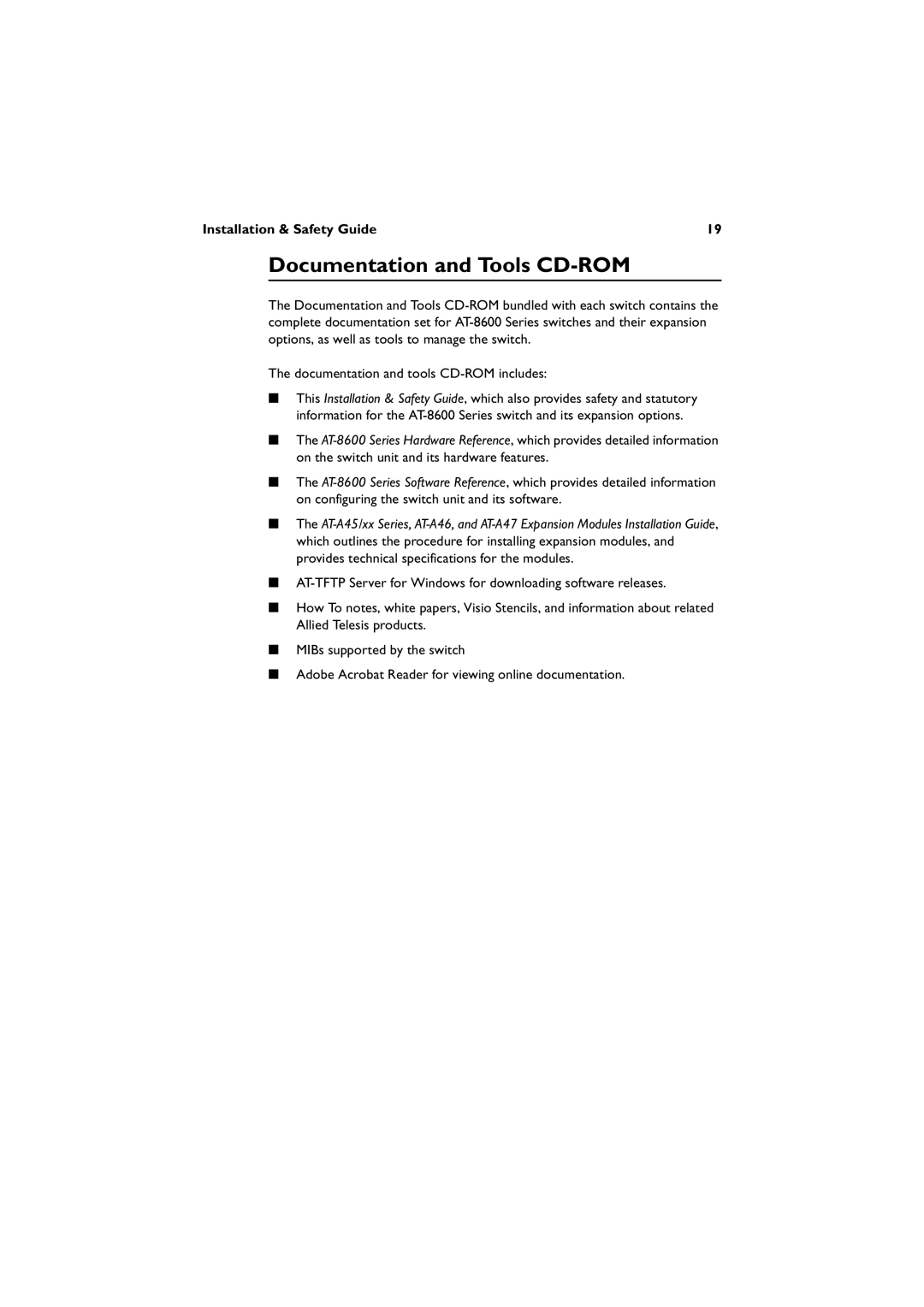 Allied Telesis 8648T/2SP, 8624T/2M, AT-8624POE manual Documentation and Tools CD-ROM, Installation & Safety Guide 