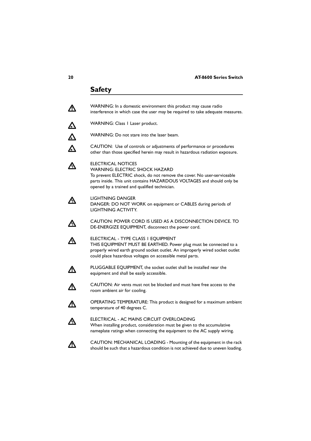 Allied Telesis AT-8624POE, 8624T/2M, 8648T/2SP manual Safety, Electrical Notices, Electrical AC Mains Circuit Overloading 