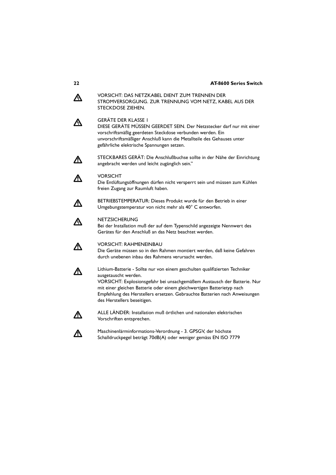 Allied Telesis 8648T/2SP, 8624T/2M, AT-8624POE manual Netzsicherung, Vorsicht Rahmeneinbau 