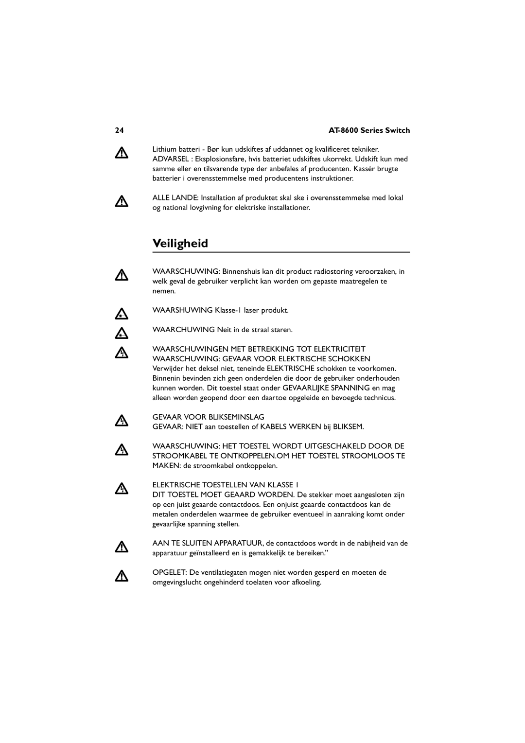 Allied Telesis 8624T/2M, 8648T/2SP, AT-8624POE Veiligheid, Gevaar Voor Blikseminslag, Elektrische Toestellen VAN Klasse 