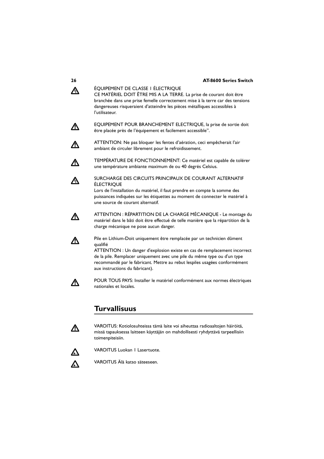 Allied Telesis AT-8624POE, 8624T/2M, 8648T/2SP manual Turvallisuus, Équipement DE Classe 1 Électrique 