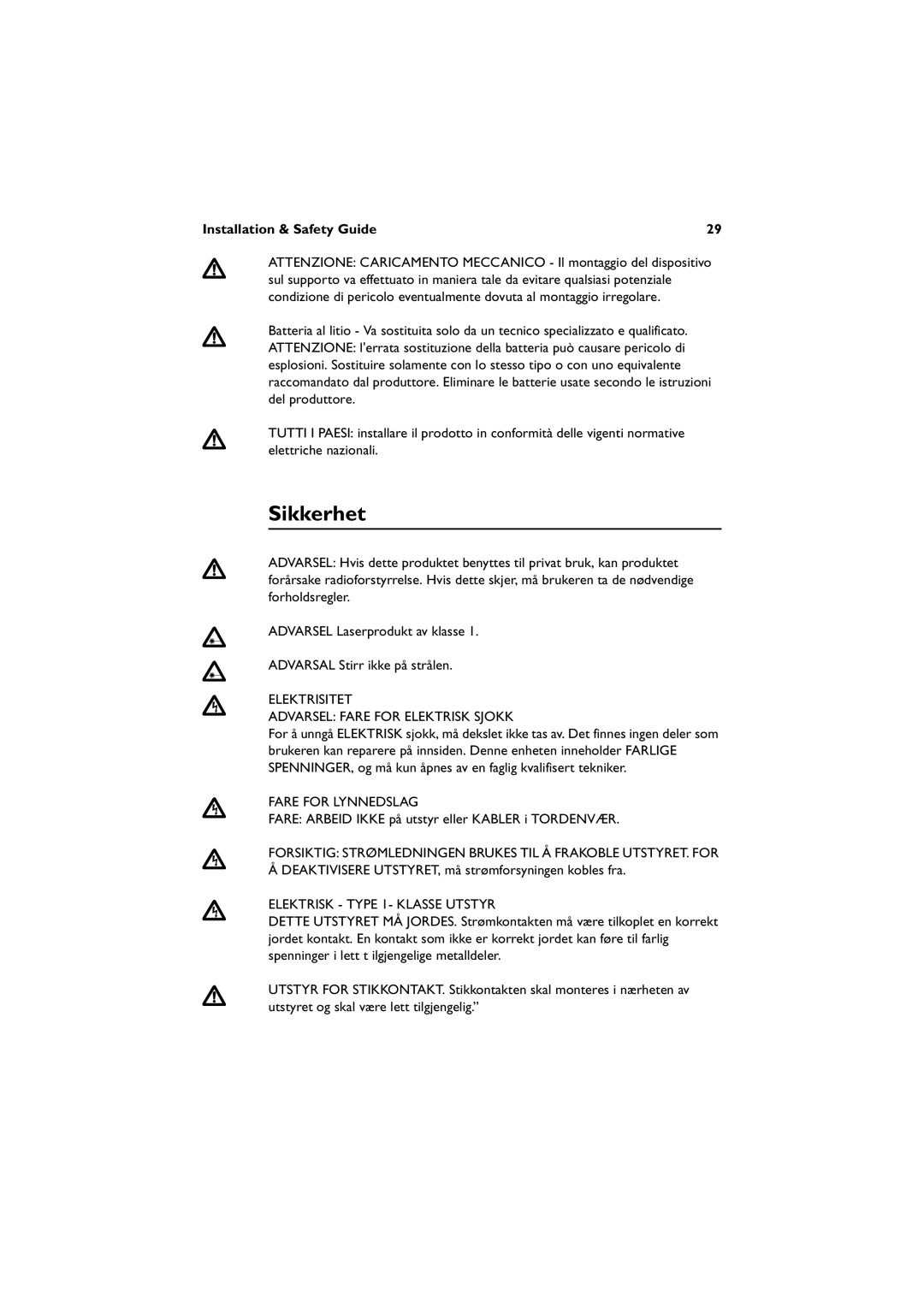 Allied Telesis AT-8624POE, 8624T/2M manual Sikkerhet, Elektrisitet, Fare for Lynnedslag, Elektrisk Type 1- Klasse Utstyr 