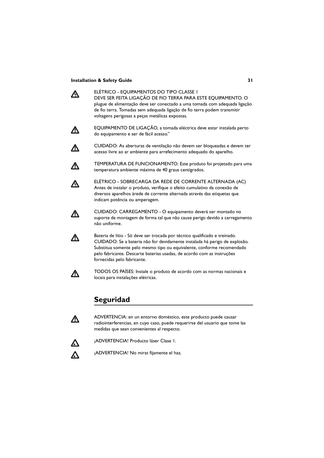 Allied Telesis 8648T/2SP, 8624T/2M, AT-8624POE manual Seguridad, Elétrico Equipamentos do Tipo Classe 