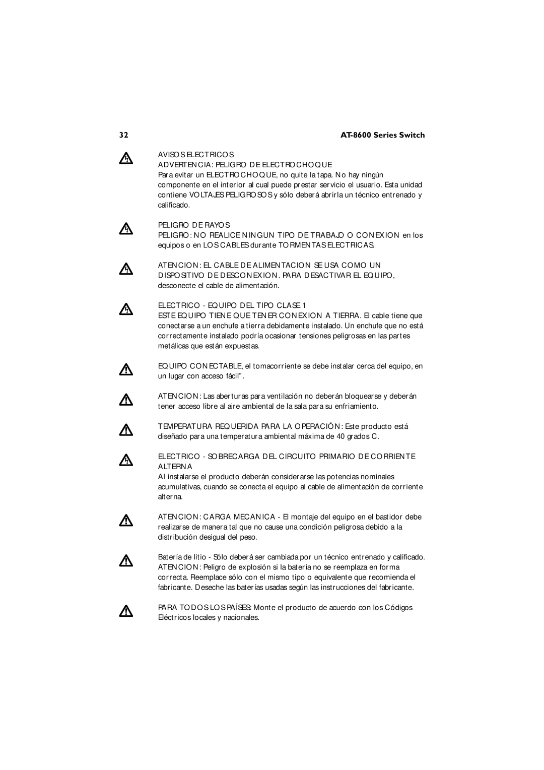 Allied Telesis AT-8624POE, 8624T/2M, 8648T/2SP Avisos Electricos Advertencia Peligro DE Electrochoque, Peligro DE Rayos 