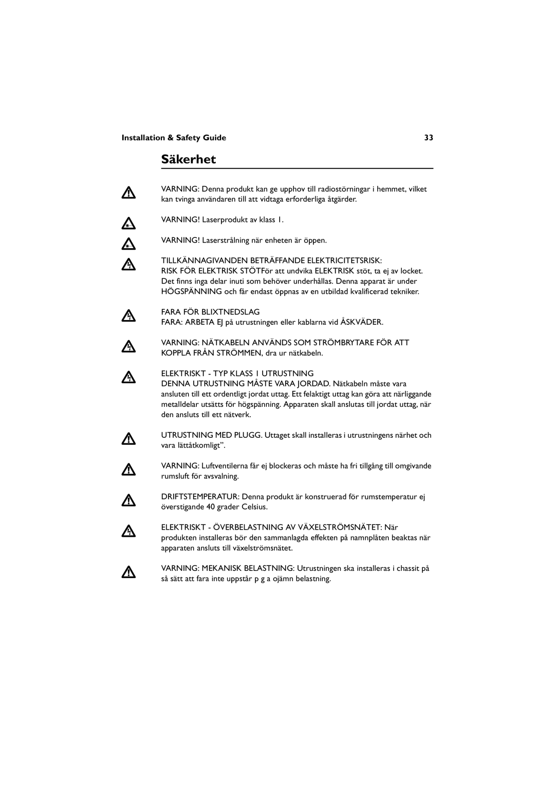 Allied Telesis 8624T/2M, 8648T/2SP manual Säkerhet, Tillkännagivanden Beträffande Elektricitetsrisk, Fara FÖR Blixtnedslag 