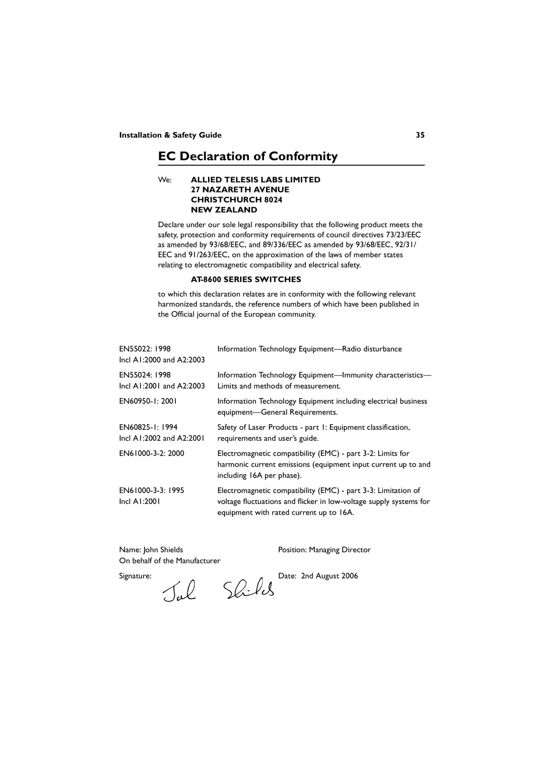 Allied Telesis AT-8624POE, 8624T/2M, 8648T/2SP manual EC Declaration of Conformity, We Allied Telesis Labs Limited 