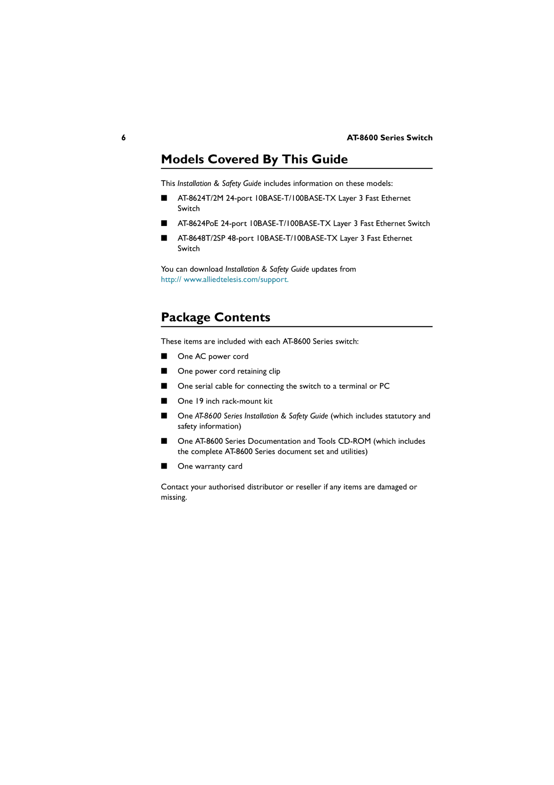 Allied Telesis 8624T/2M, 8648T/2SP, AT-8624POE manual Models Covered By This Guide, Package Contents 