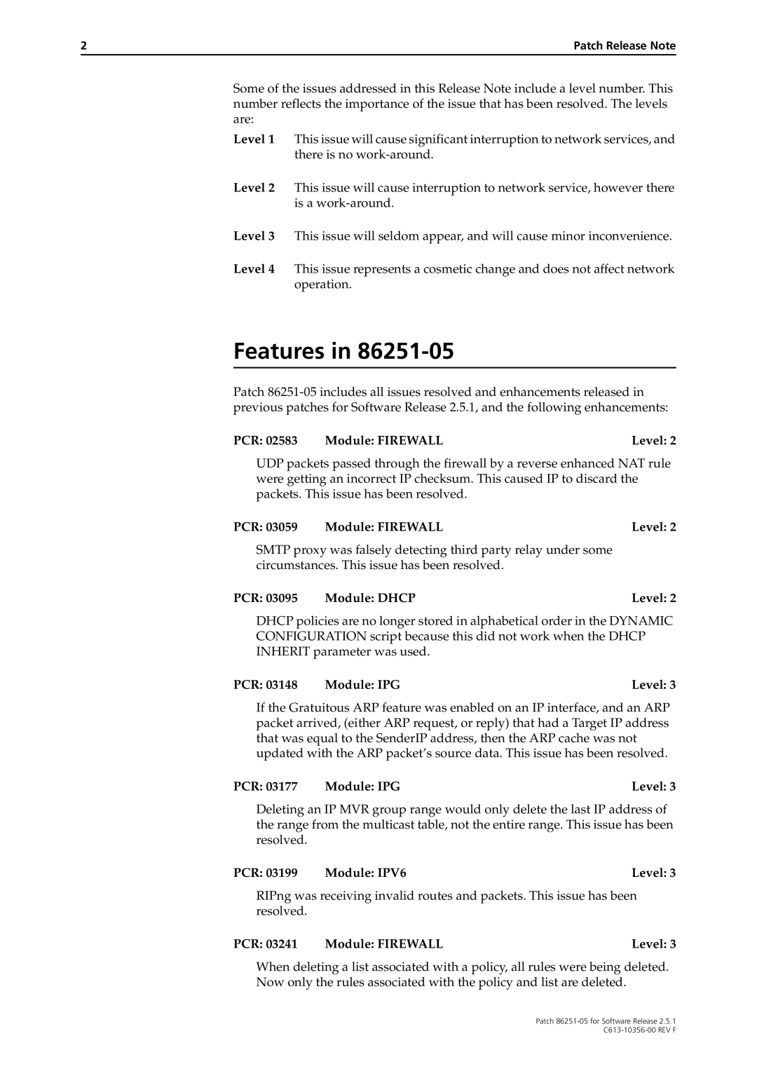 Allied Telesis 86251-05 manual PCR Module Firewall Level, PCR Module IPG Level, PCR Module IPV6 Level 