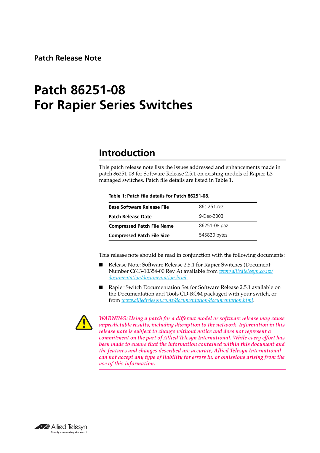 Allied Telesis 86251-08 manual Patch For Rapier Series Switches, Introduction 