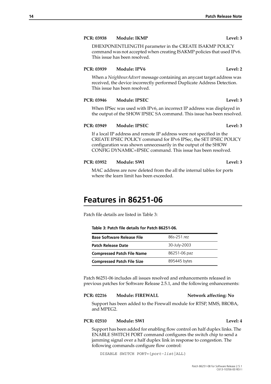 Allied Telesis 86251-08 manual Features, PCR Module Firewall Network affecting No 