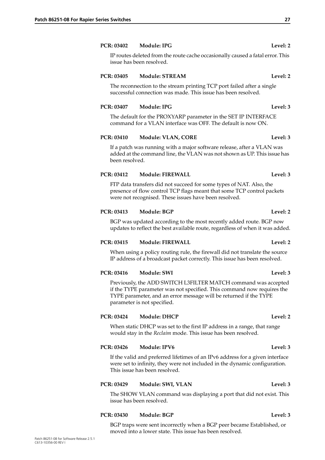 Allied Telesis 86251-08 PCR 03405 Module Stream Level, PCR 03410 Module VLAN, Core Level, PCR 03424 Module Dhcp Level 