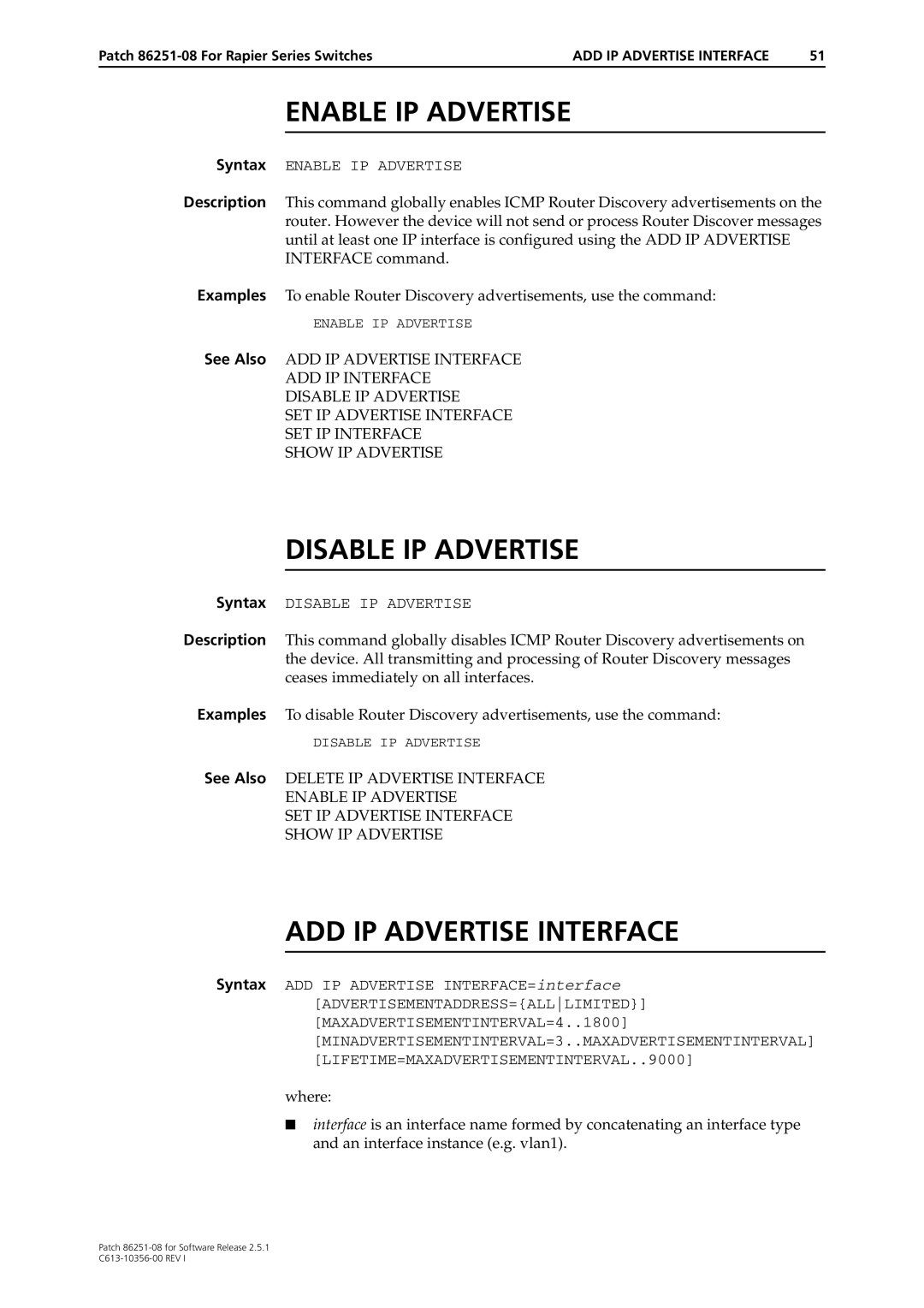 Allied Telesis 86251-08 manual Enable IP Advertise, Disable IP Advertise, ADD IP Advertise Interface 