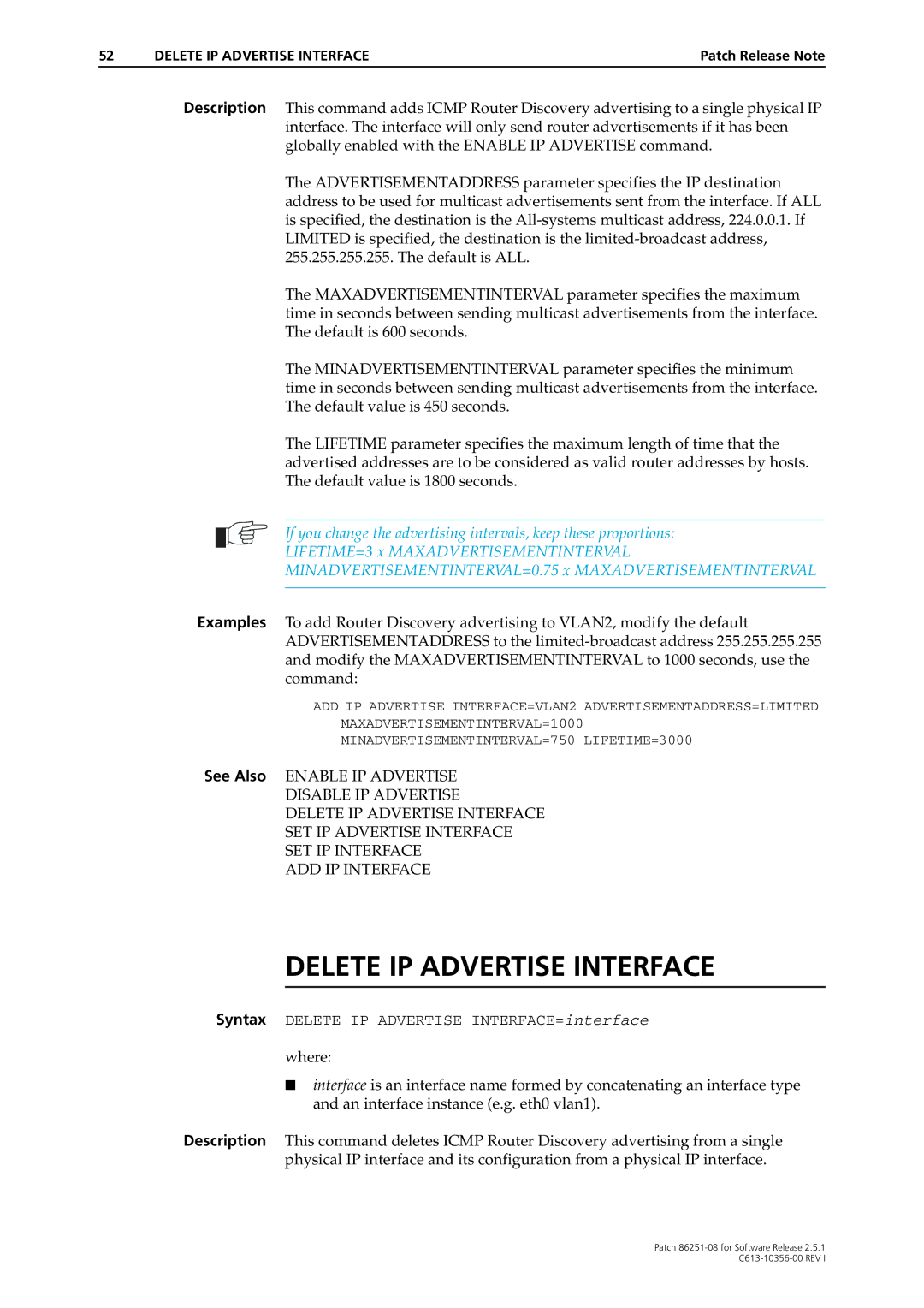 Allied Telesis 86251-08 manual Delete IP Advertise Interface 