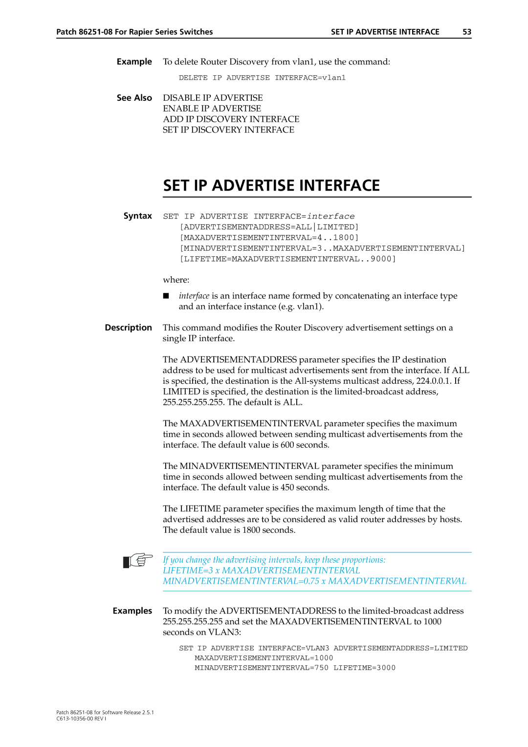 Allied Telesis 86251-08 manual SET IP Advertise Interface 