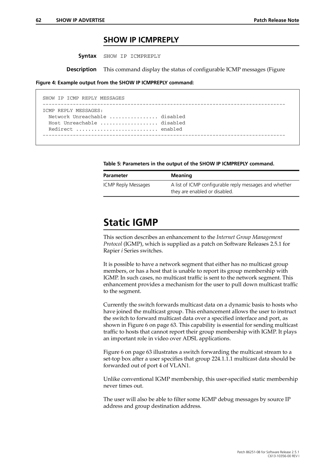 Allied Telesis 86251-08 manual Static Igmp, Show IP Icmpreply 