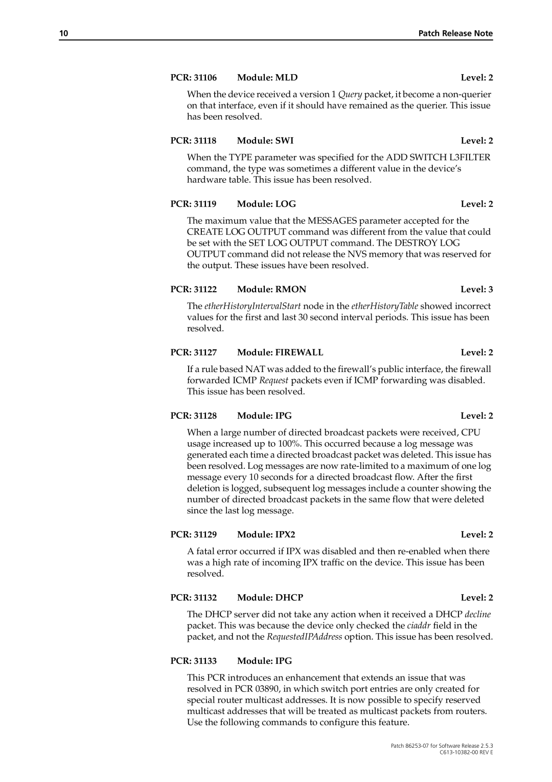 Allied Telesis 86253-07 manual PCR 31106 Module MLD Level, PCR 31119 Module LOG Level, PCR 31122 Module Rmon Level 