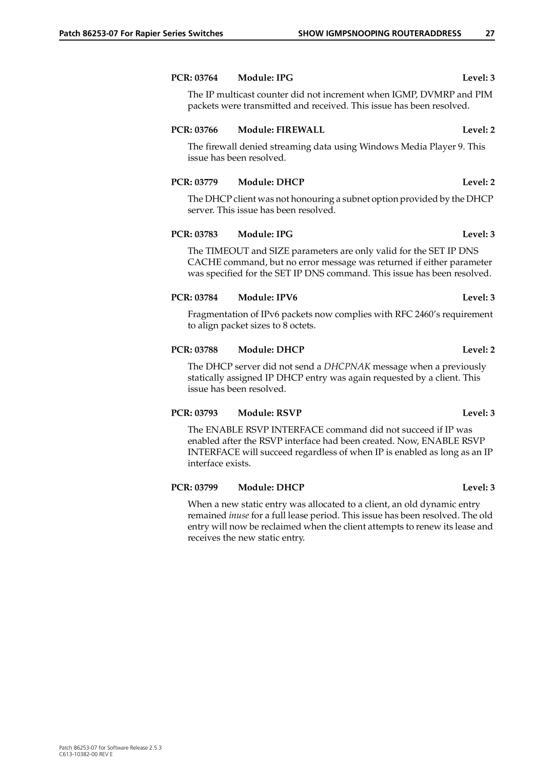 Allied Telesis 86253-07 manual PCR 03779 Module Dhcp Level, PCR 03788 Module Dhcp Level, PCR Module Rsvp Level 