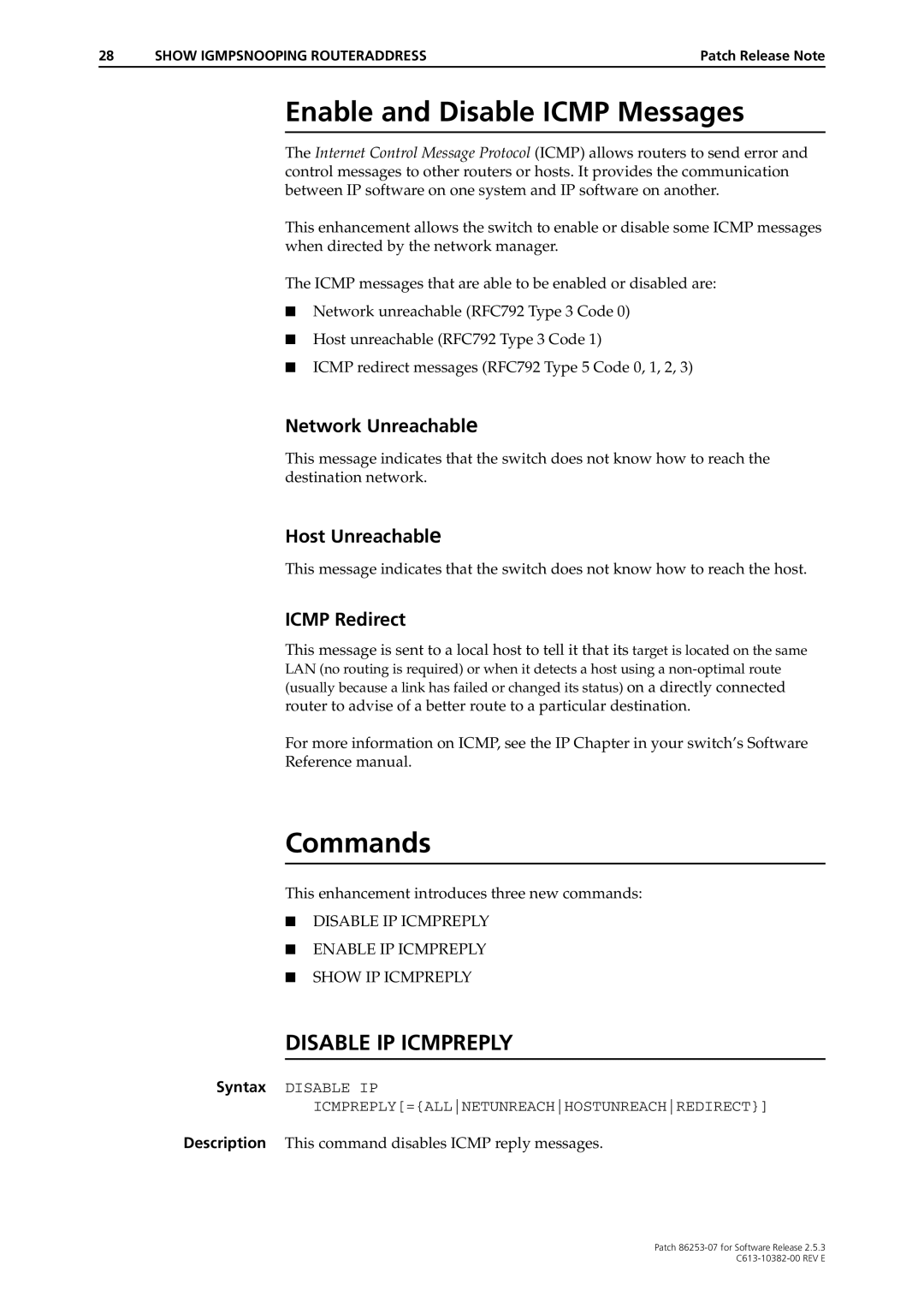 Allied Telesis 86253-07 manual Enable and Disable Icmp Messages 