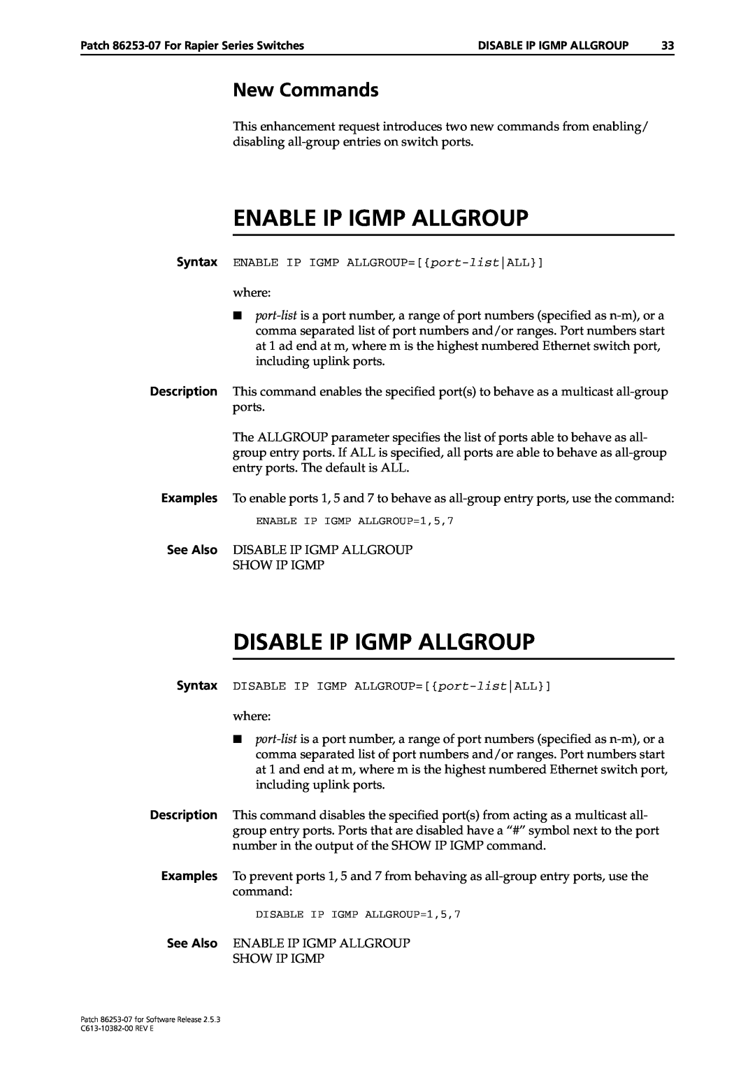 Allied Telesis 86253-07 manual Enable Ip Igmp Allgroup, Disable Ip Igmp Allgroup, New Commands 