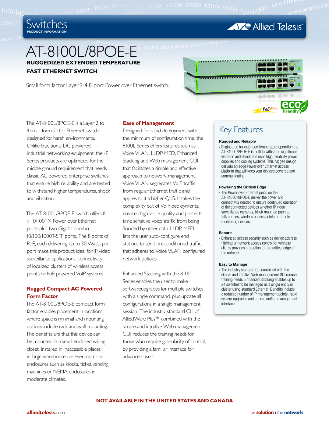 Allied Telesis 8POE-E manual Rugged Compact AC Powered Form Factor, Ease of Management, Alliedtelesis.com 