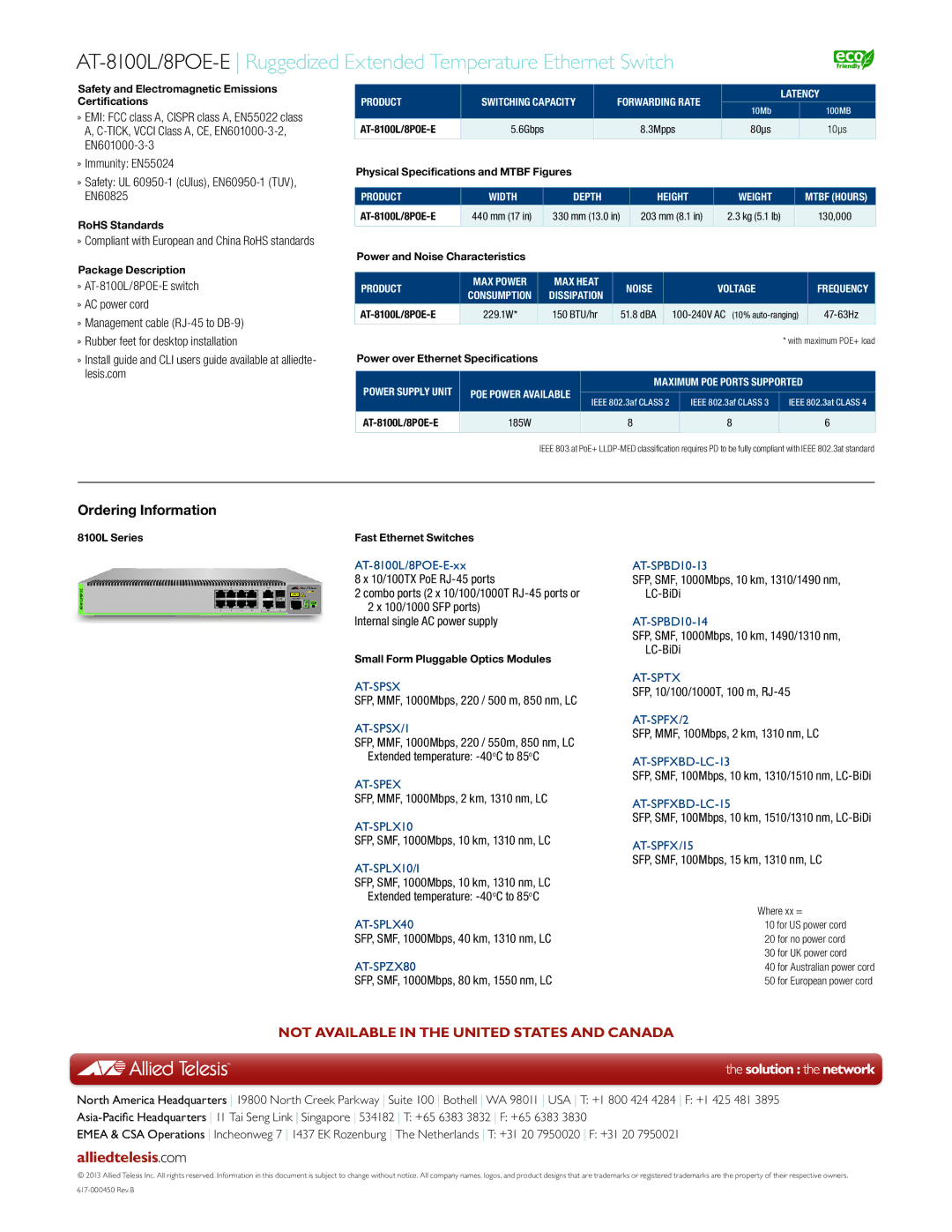 Allied Telesis 8POE-E manual 10/100TX PoE RJ-45 ports, 100/1000 SFP ports, Internal single AC power supply 