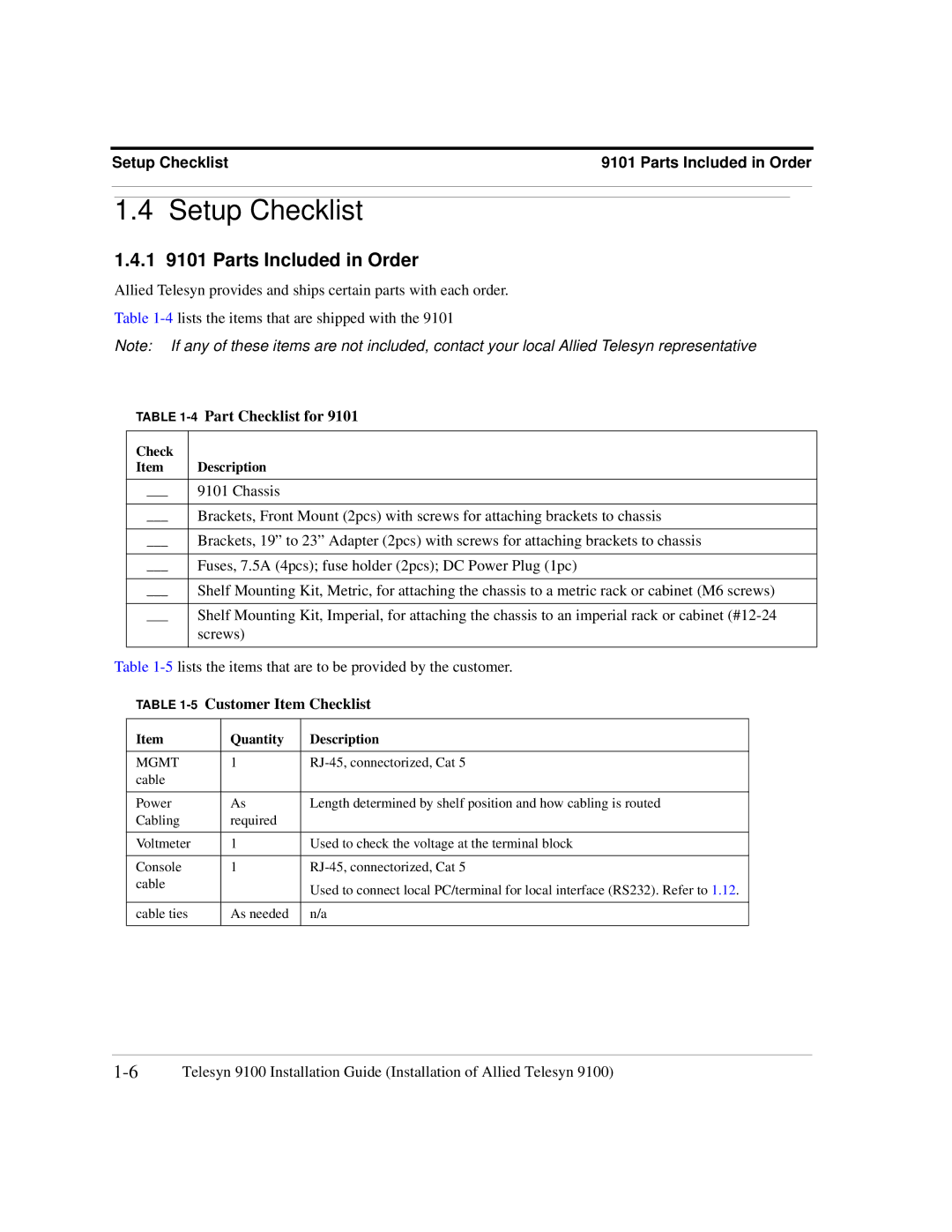 Allied Telesis 9100, 9102 Setup Checklist, 1 9101 Parts Included in Order, 4Part Checklist for, 5Customer Item Checklist 