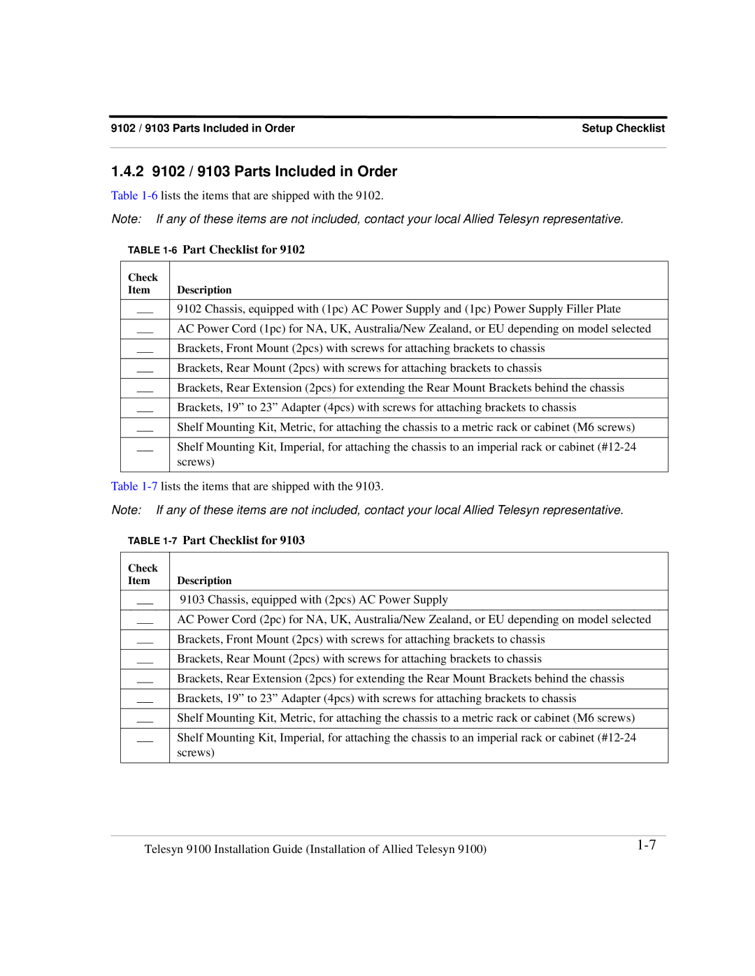 Allied Telesis 9101, 9100 manual 2 9102 / 9103 Parts Included in Order, 6Part Checklist for, 7Part Checklist for 