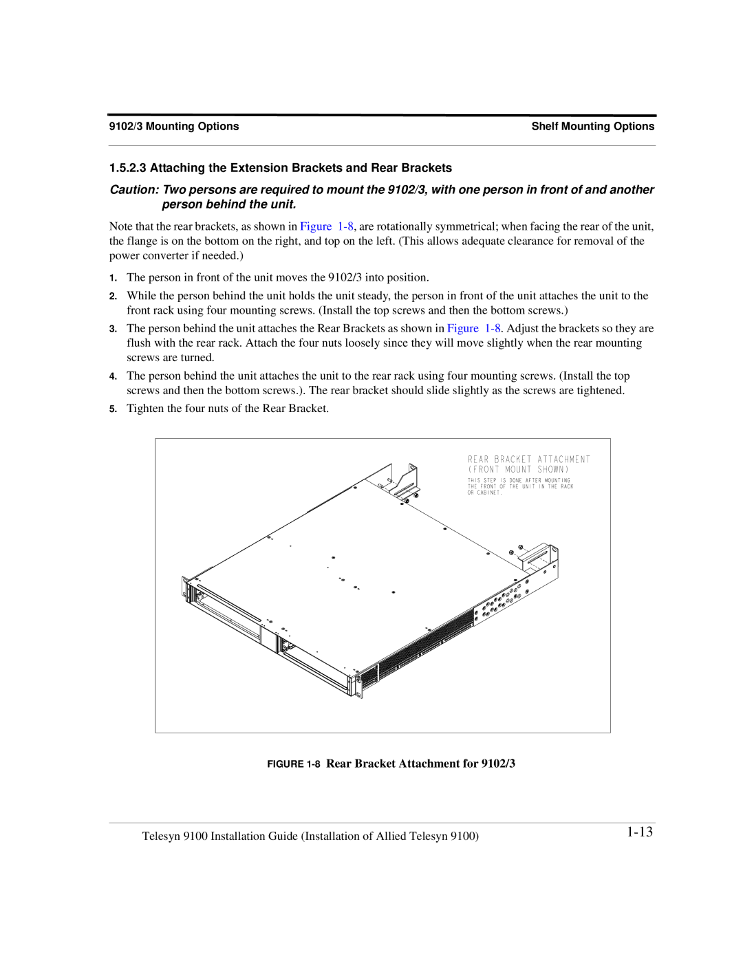 Allied Telesis 9103, 9102, 9100, 9101 manual Attaching the Extension Brackets and Rear Brackets 