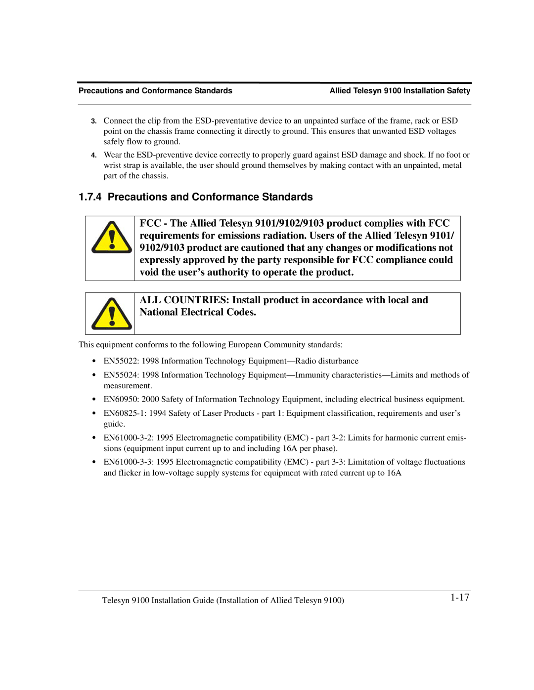 Allied Telesis 9103, 9102, 9100, 9101 manual Precautions and Conformance Standards 