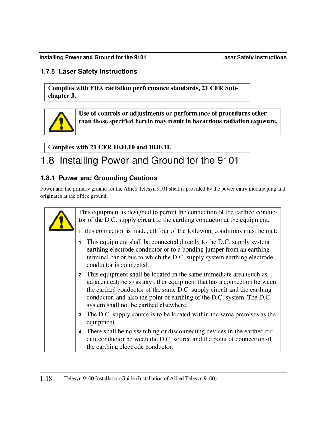 Allied Telesis 9100, 9102, 9103 Installing Power and Ground for, Laser Safety Instructions, Power and Grounding Cautions 