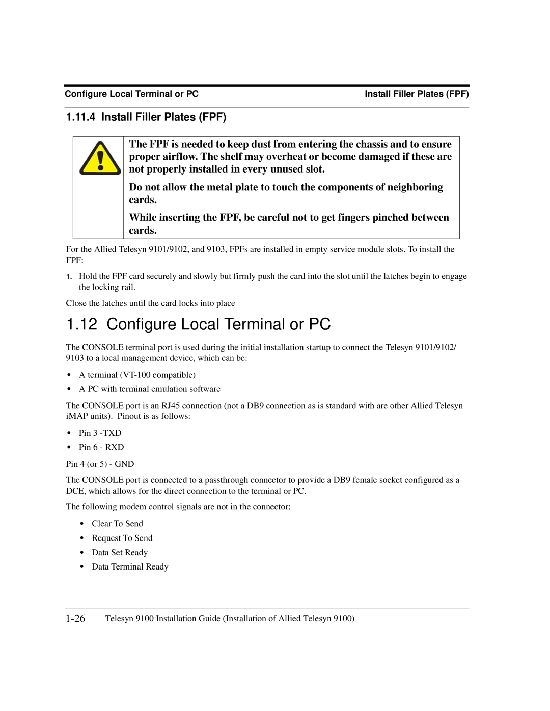 Allied Telesis 9100, 9102, 9103, 9101 manual Configure Local Terminal or PC, Install Filler Plates FPF 