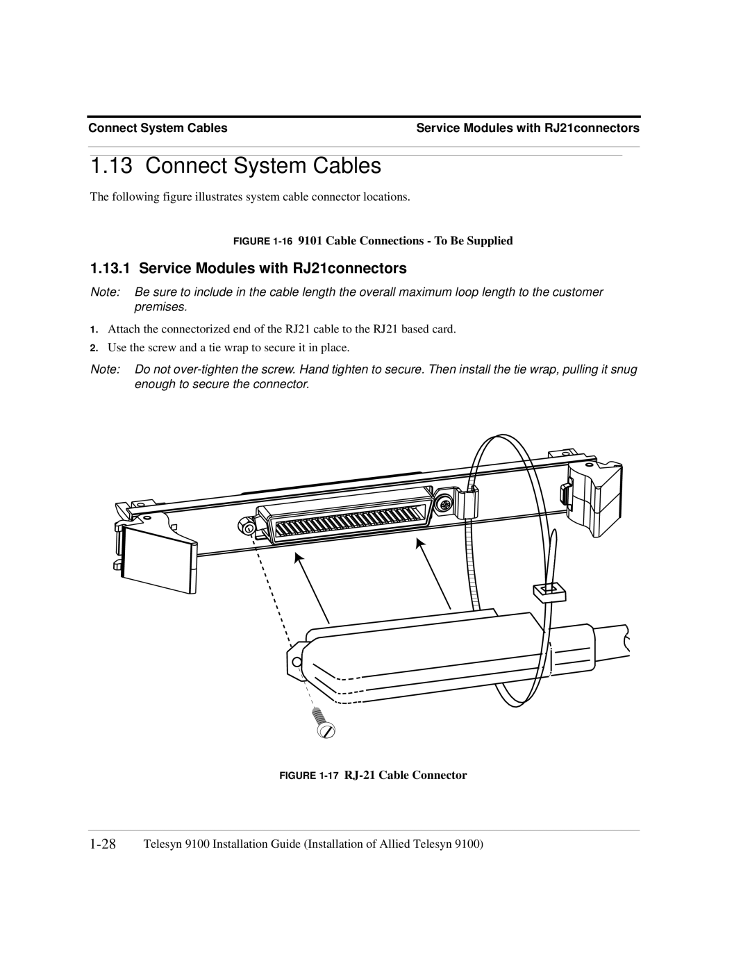 Allied Telesis 9102, 9103, 9100, 9101 manual Connect System Cables, Service Modules with RJ21connectors 