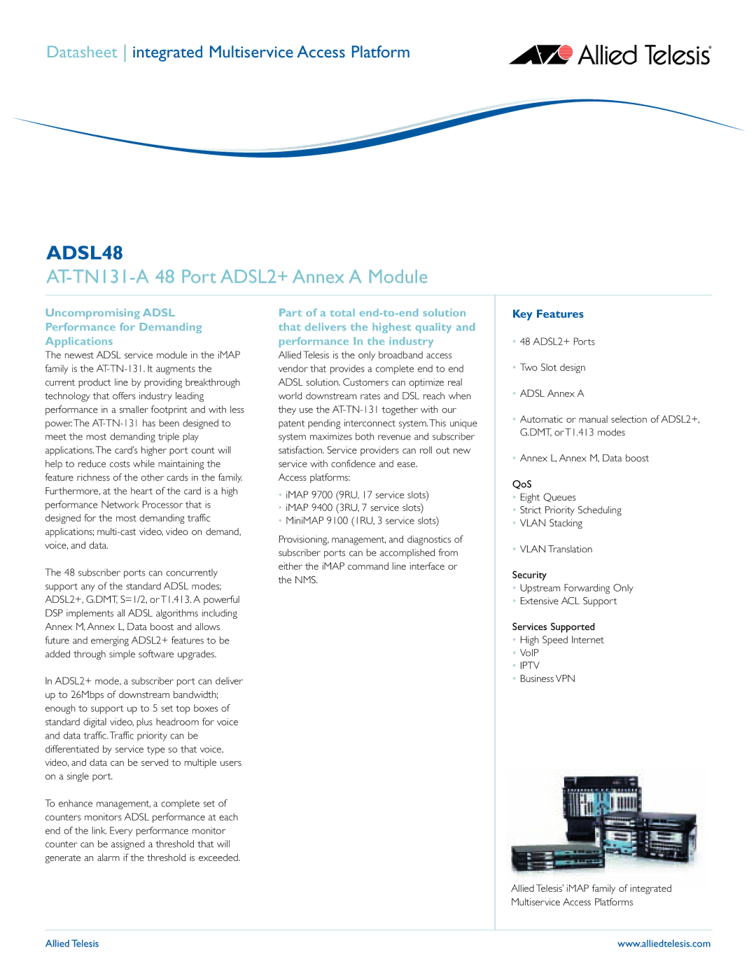 Allied Telesis ADSL48 manual AT-TN131-A 48 Port ADSL2+ Annex a Module 