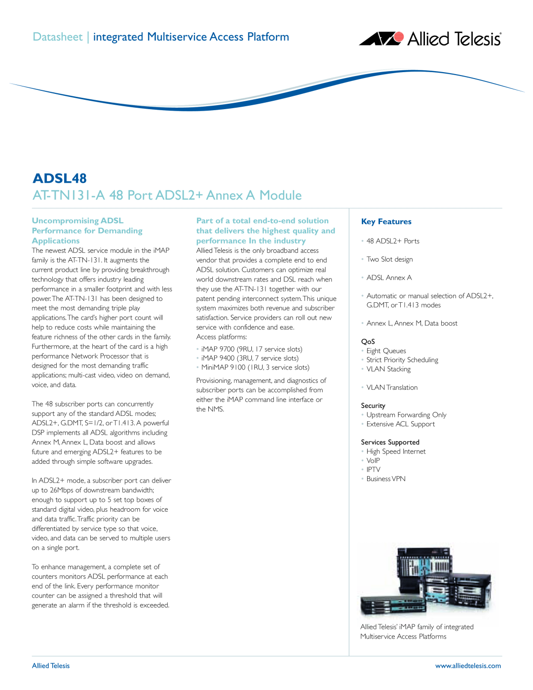 Allied Telesis ADSL48 manual AT-TN131-A 48 Port ADSL2+ Annex A Module, Key Features, Allied Telesis 
