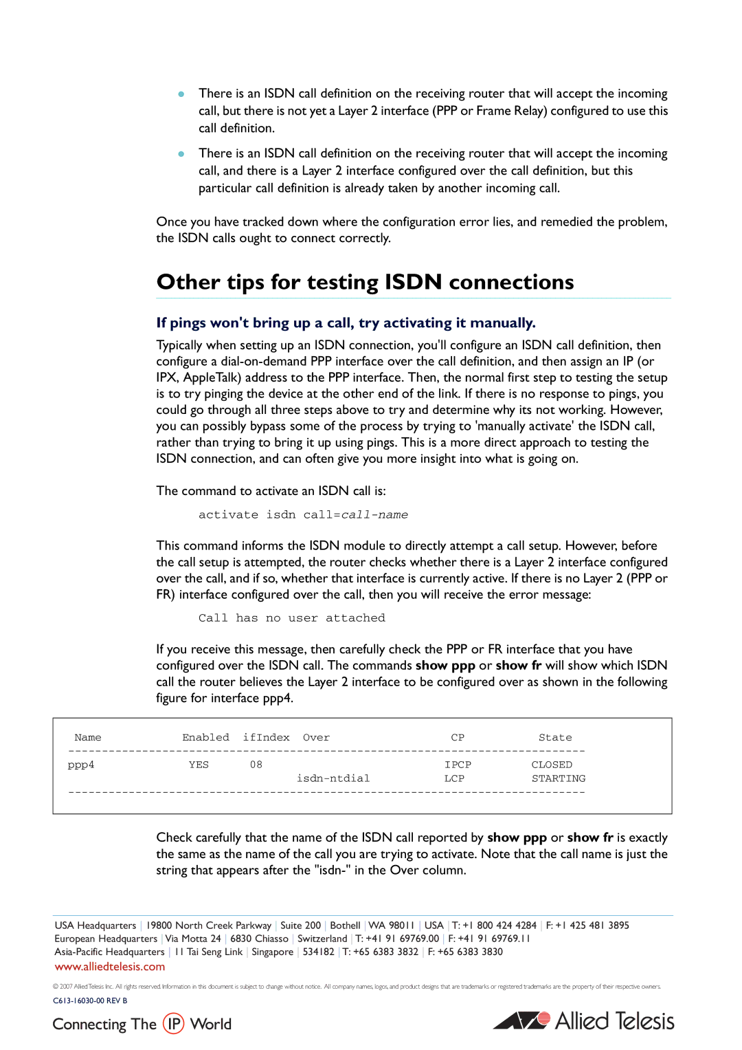 Allied Telesis AR300 series Other tips for testing Isdn connections, Command to activate an Isdn call is, YES Ipcp Closed 