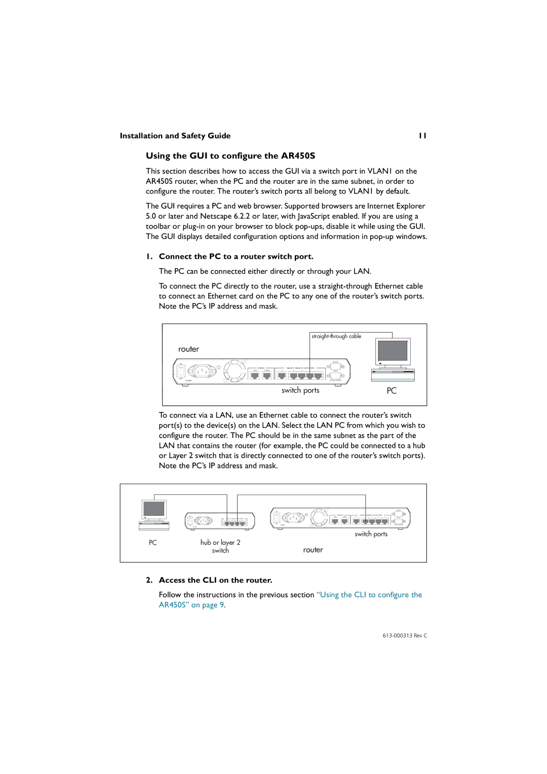 Allied Telesis AR400 series manual Using the GUI to configure the AR450S, Connect the PC to a router switch port 