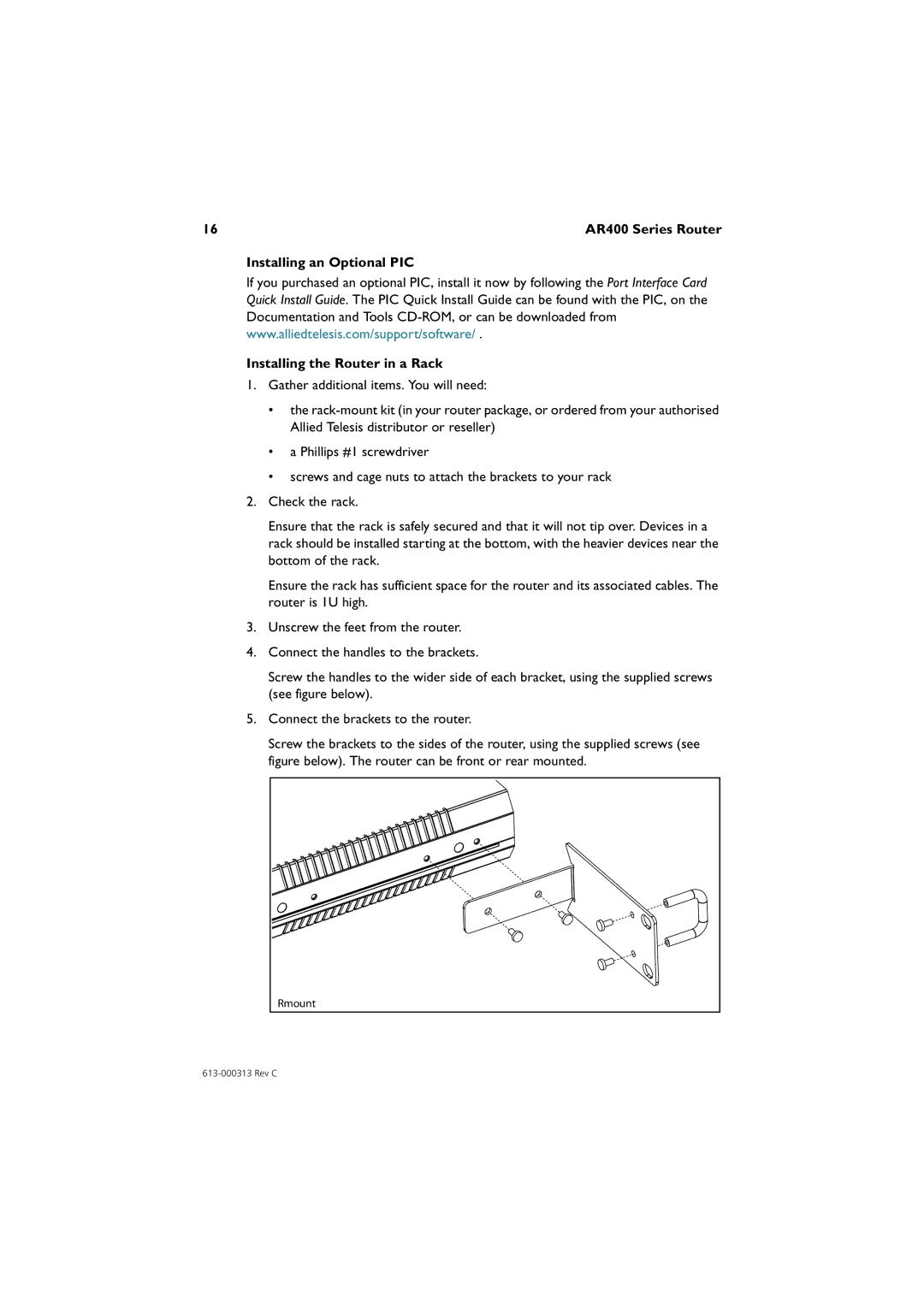 Allied Telesis AR400 series manual Installing an Optional PIC Installing the Router in a Rack 