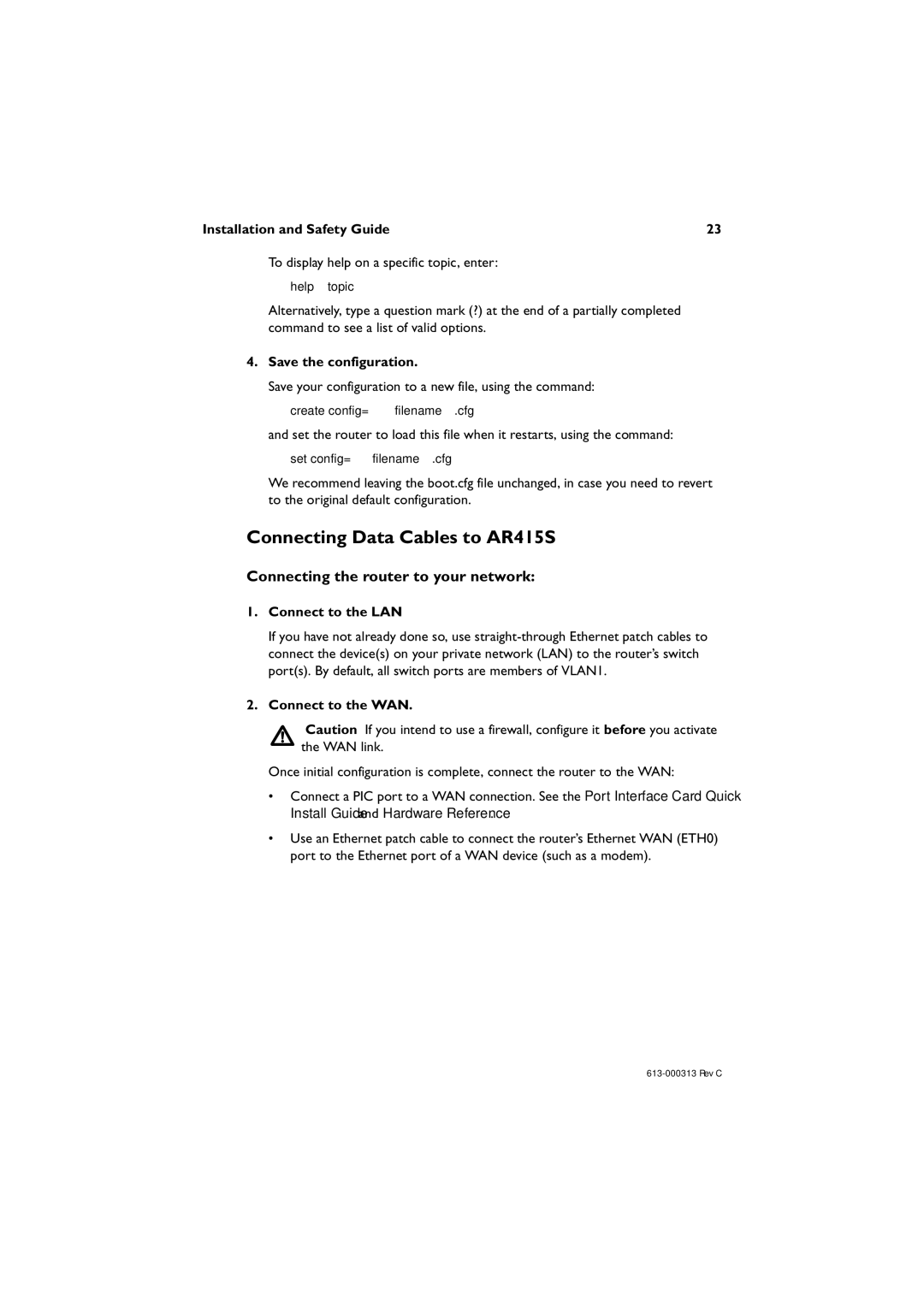 Allied Telesis AR400 series manual Connecting Data Cables to AR415S, Installation and Safety Guide 