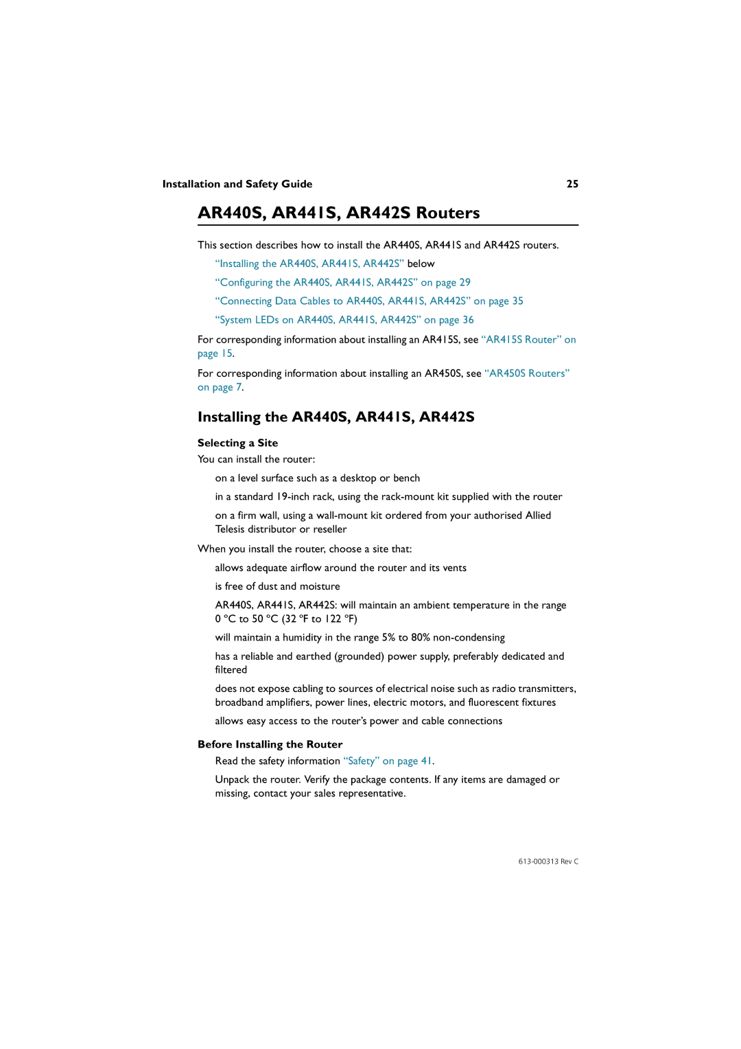 Allied Telesis AR400 series manual AR440S, AR441S, AR442S Routers, Installing the AR440S, AR441S, AR442S 